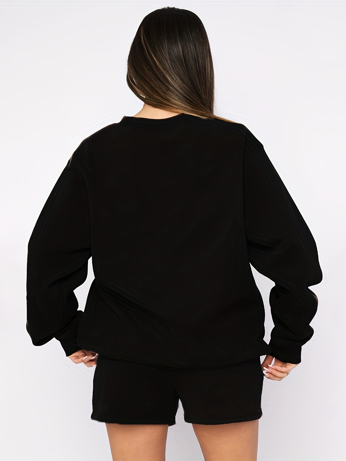 Solid Sweatshirt & Drawstring Shorts Set Women's Outfit