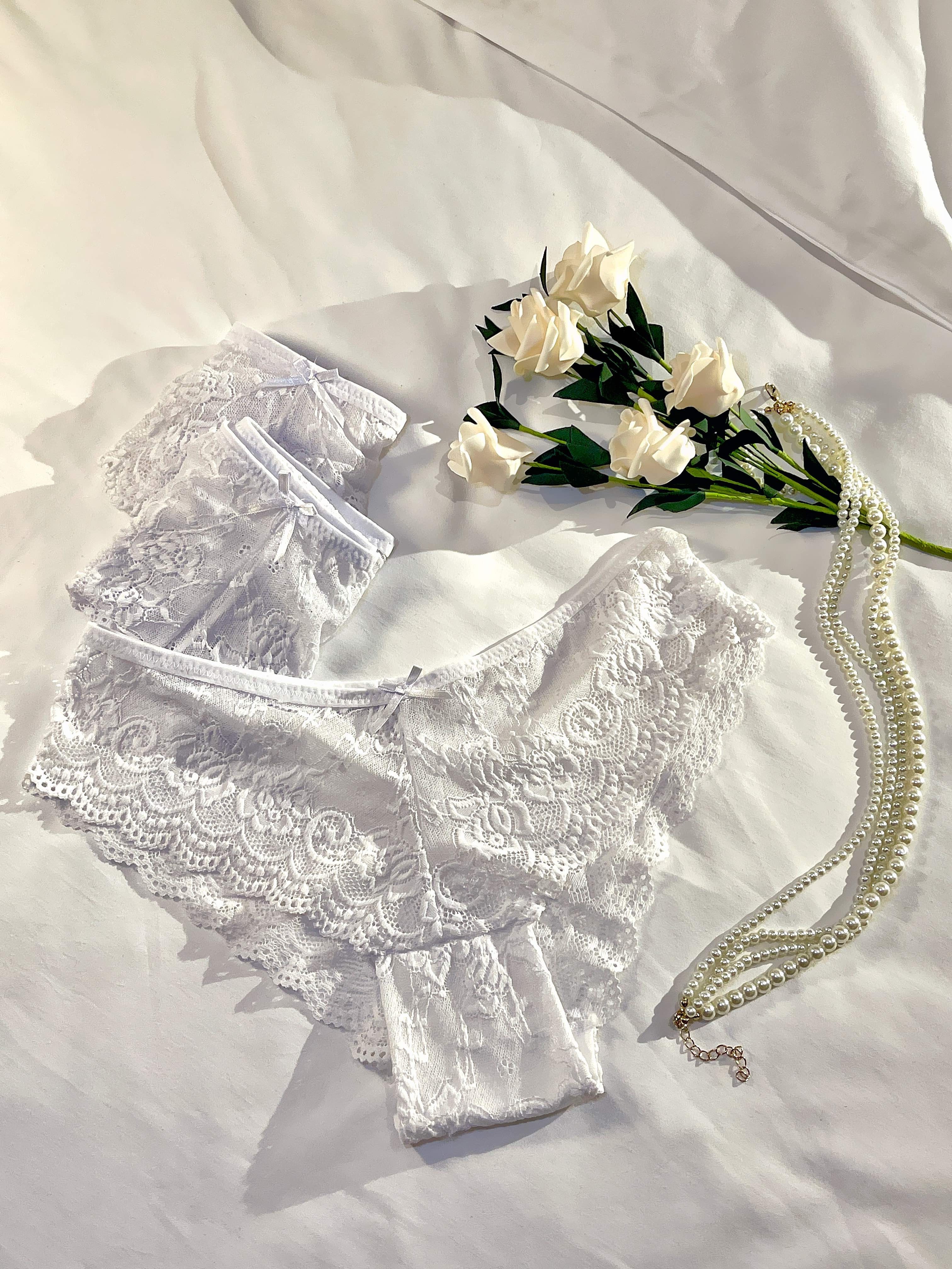 3pcs Floral Lace Bow Tie Briefs, Comfy & Breathable Scallop Trim Intimates  Panties, Women's Lingerie & Underwear