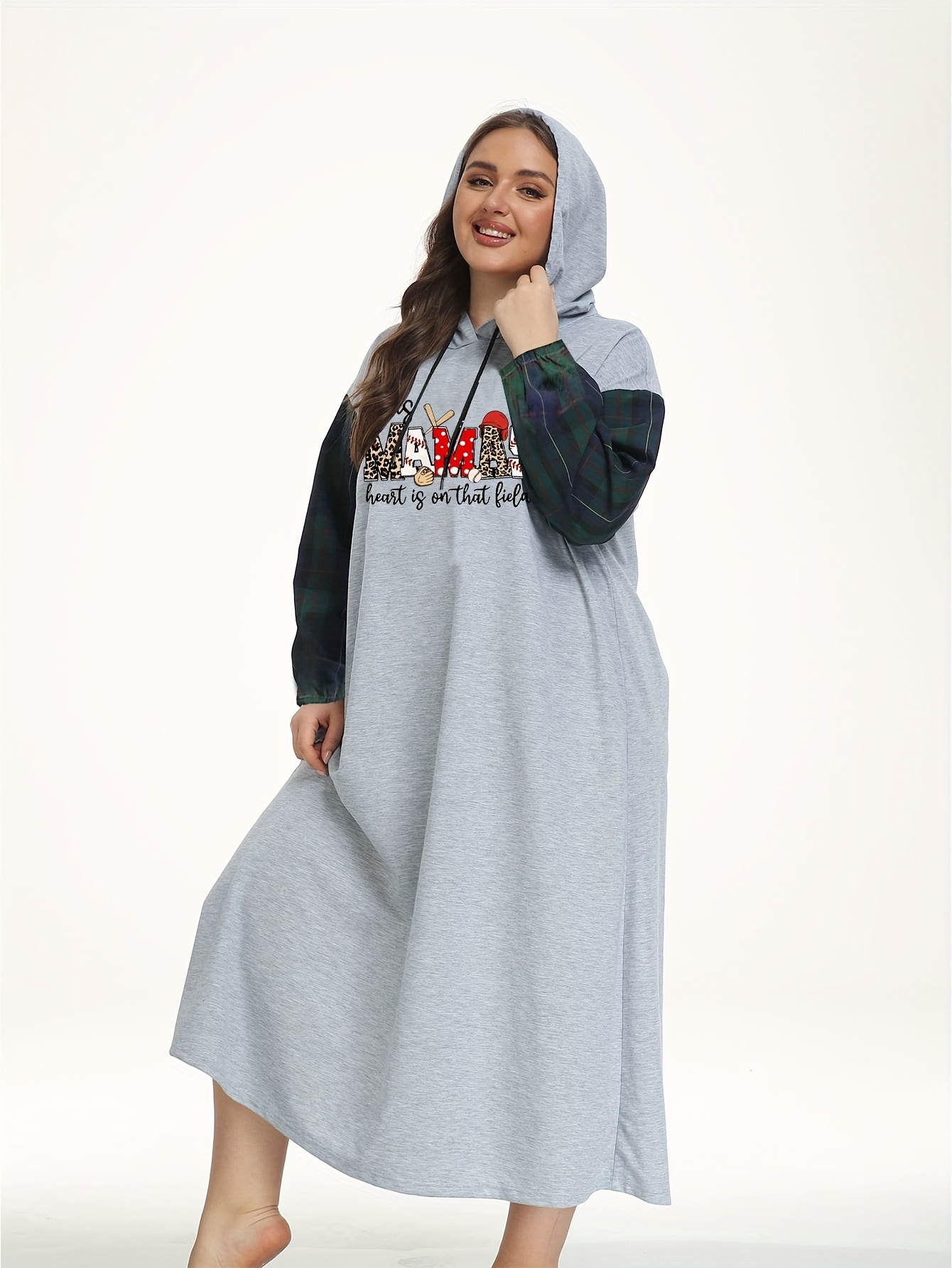 Baseball & Leopard Print Raglan Sleeve Hooded Sleep Dress