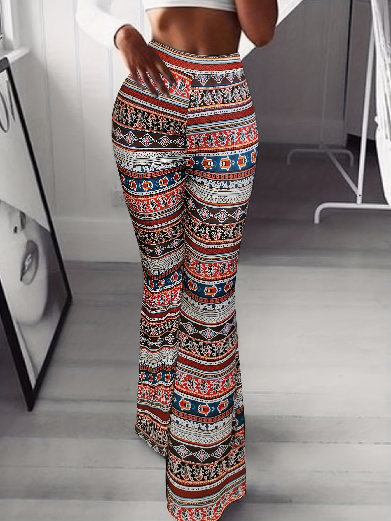Plus Size Boho Pants, Women's Plus Geometric Print High Waist Wide Leg  Loose Pants