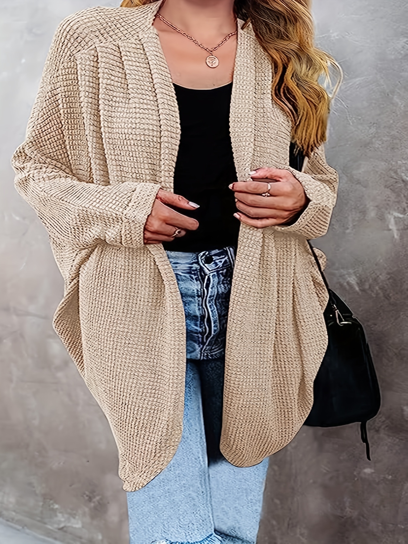 Plus Size Casual Cardigan Women's Plus Waffle Knit Bat - Temu