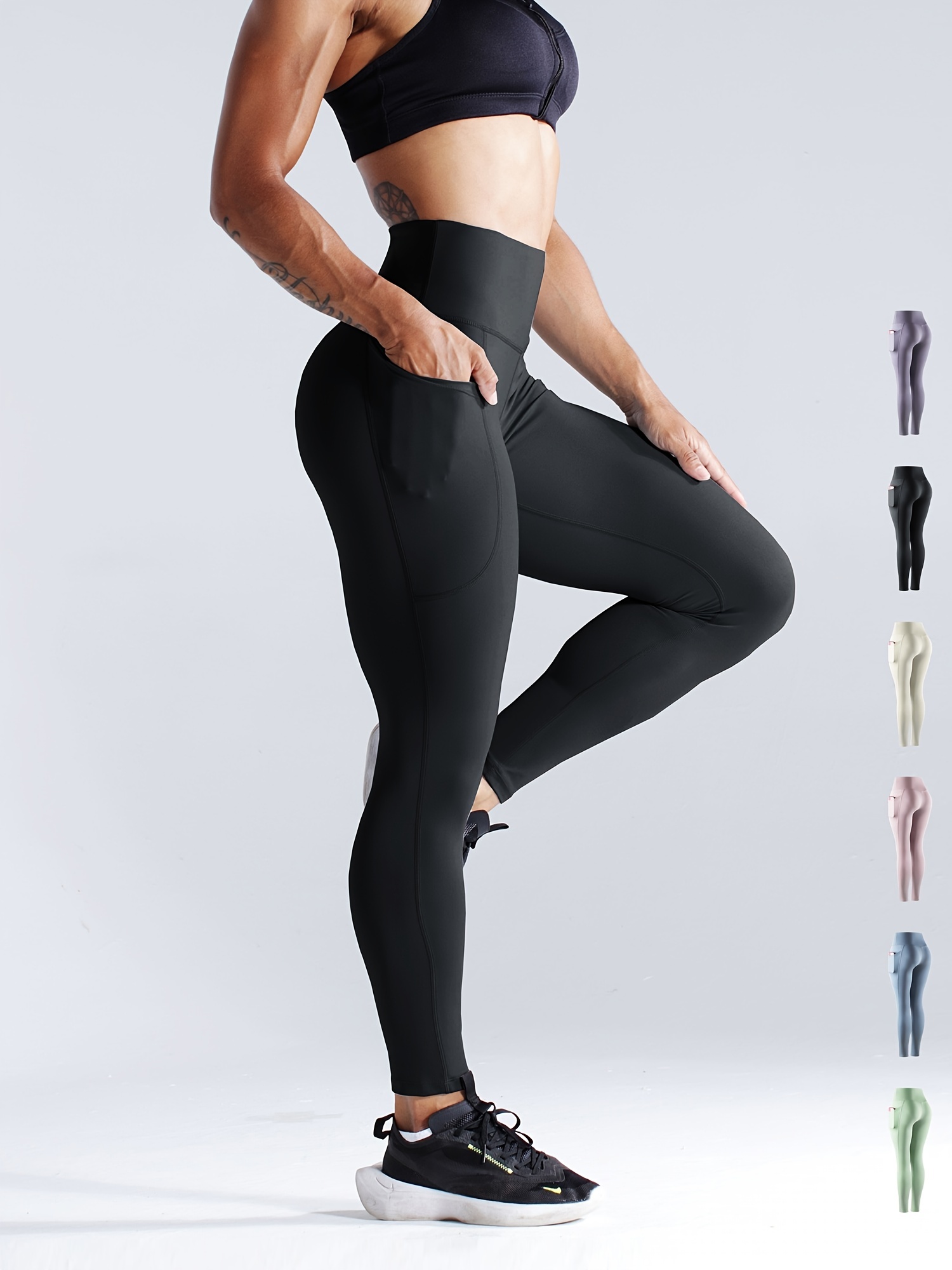 Women's Black Thermal Yoga Pants Slimming Side Pockets - Temu