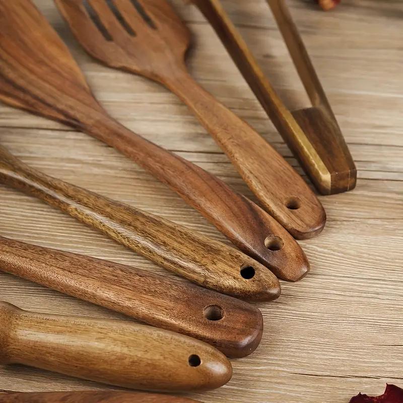 NAYAHOSE - Juego de utensilios de cocina de madera, cucharas para cocinar,  juego de espátulas de cocina de madera de teca natural, incluye cucharón
