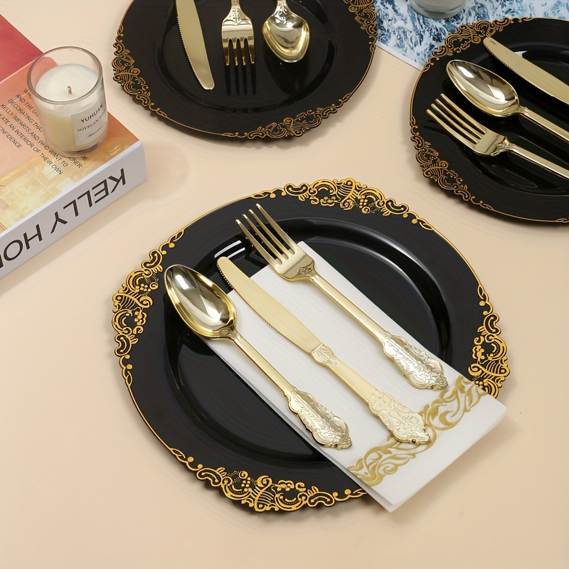 CONRADY - Juego de vajilla desechable de 200 piezas de estrella dorada, 25  platos de papel, platos de postre, vasos de papel, cubiertos de plástico