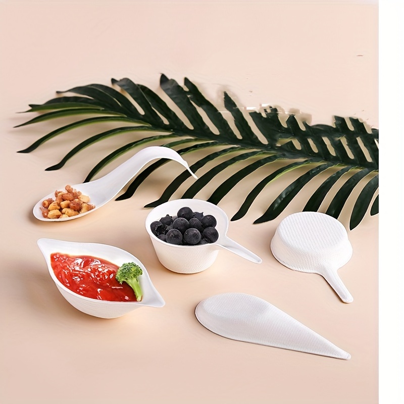 

25pcs Pulp Safe No Pfas Added Teardrop White Sugarcane/ Bagasse Tasting Spoon Tray Disposable Bagasse Small Pot Spoon Cup For Fruit Portion Sauce