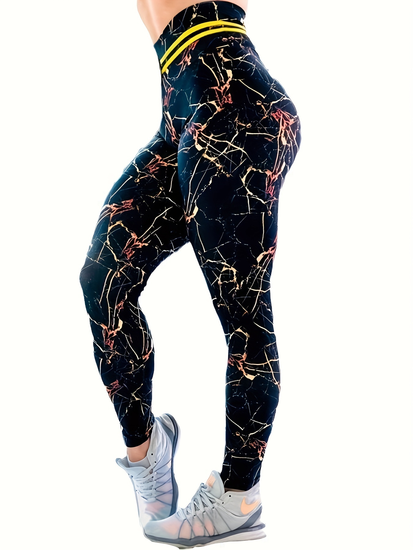 Marble Print Elastic Yoga Leggings High Waist Fitness Sports - Temu