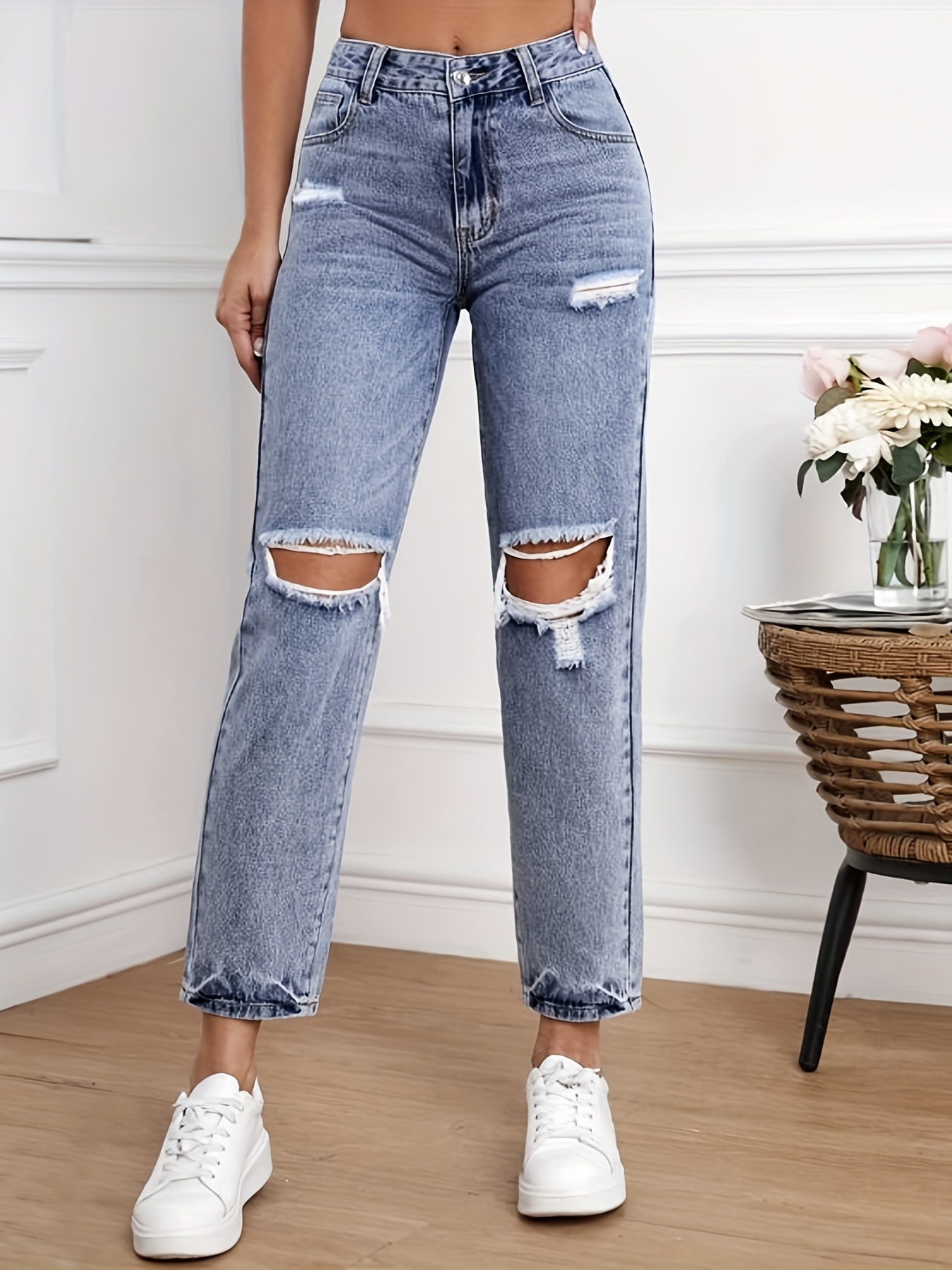 Calças jeans retas de cintura alta rasgadas azuis cintura - Temu Portugal