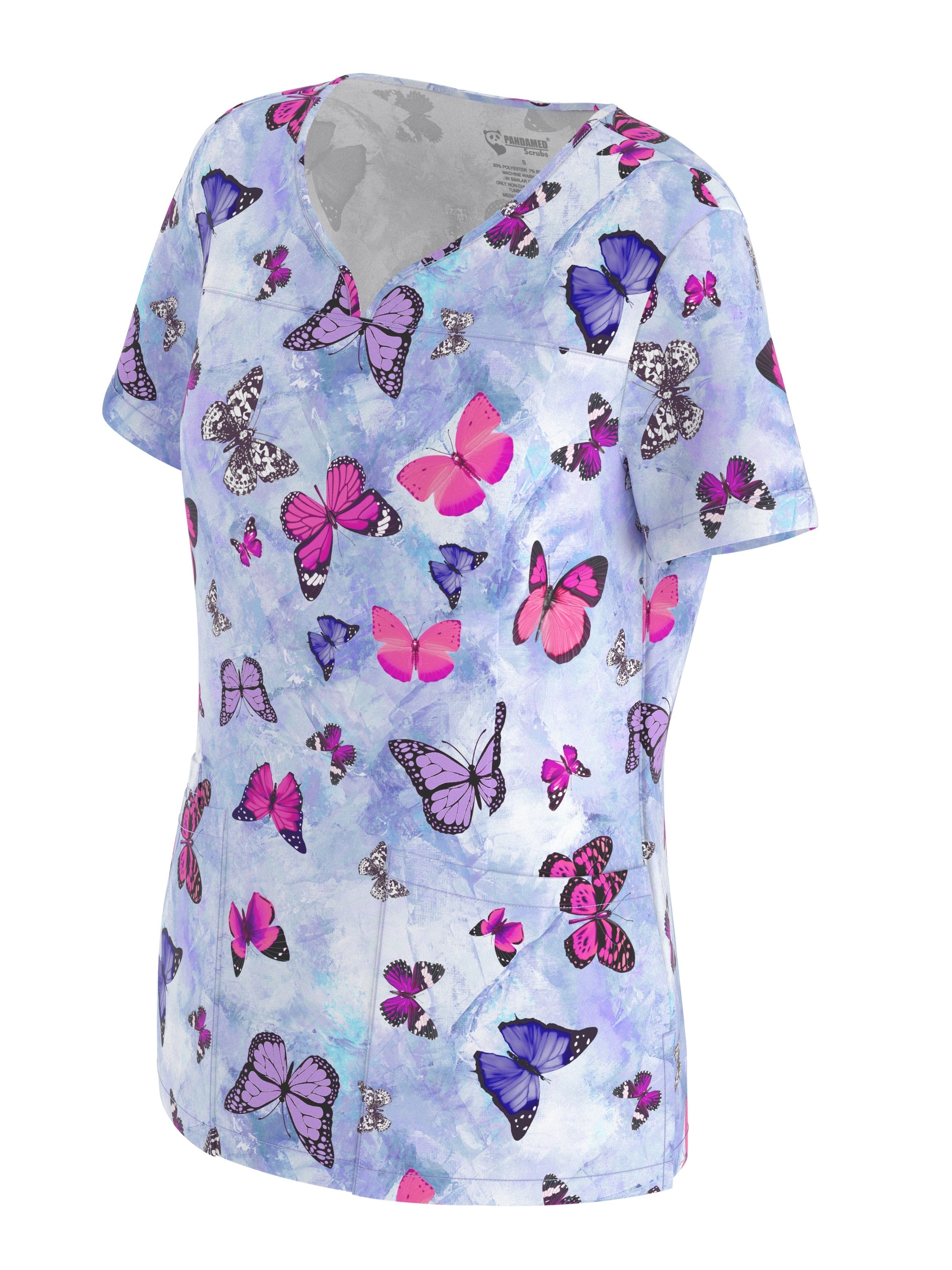 Butterfly Print Stretchy Scrubs Top, Comfortable & Functional Patched  Pockets Uniform For Nurse, Women's Clothing