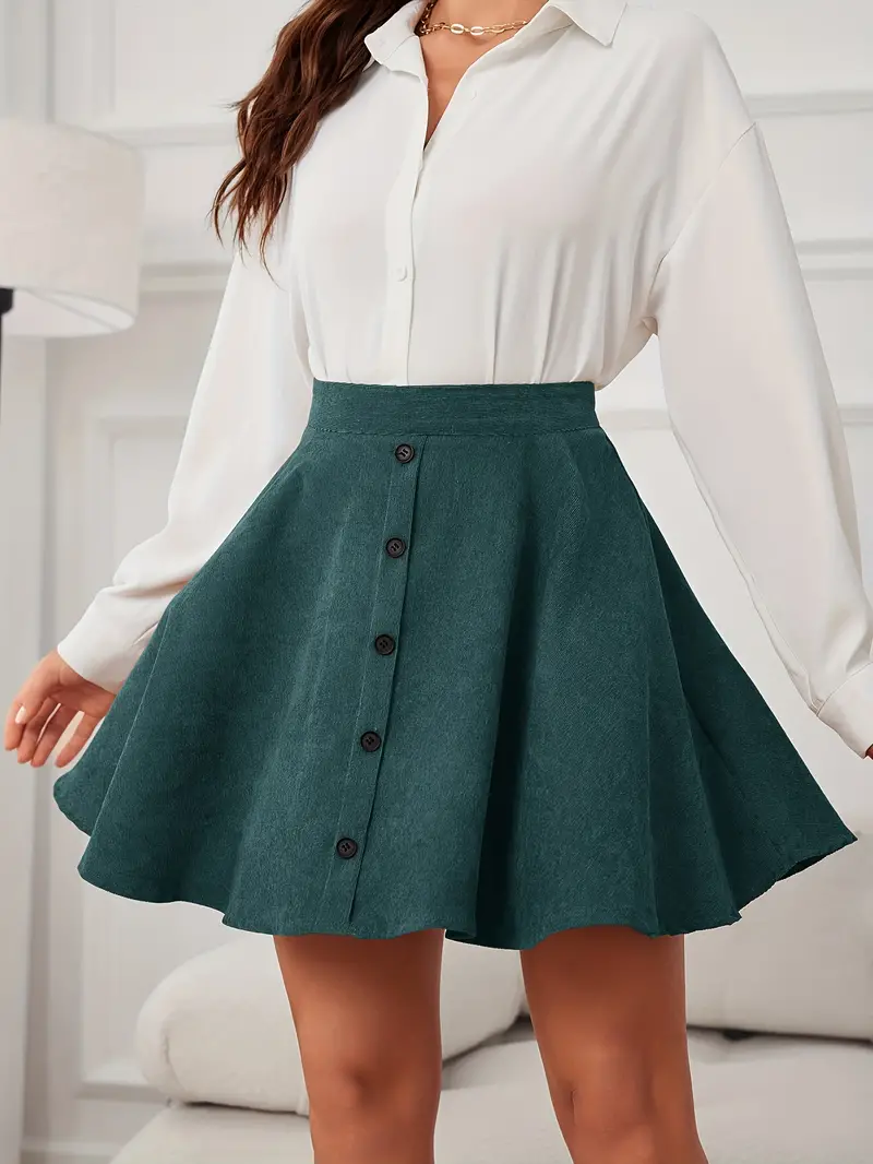 Solid High Waist Corduroy Skirt Elegant Button Front Ruffle - Temu Australia