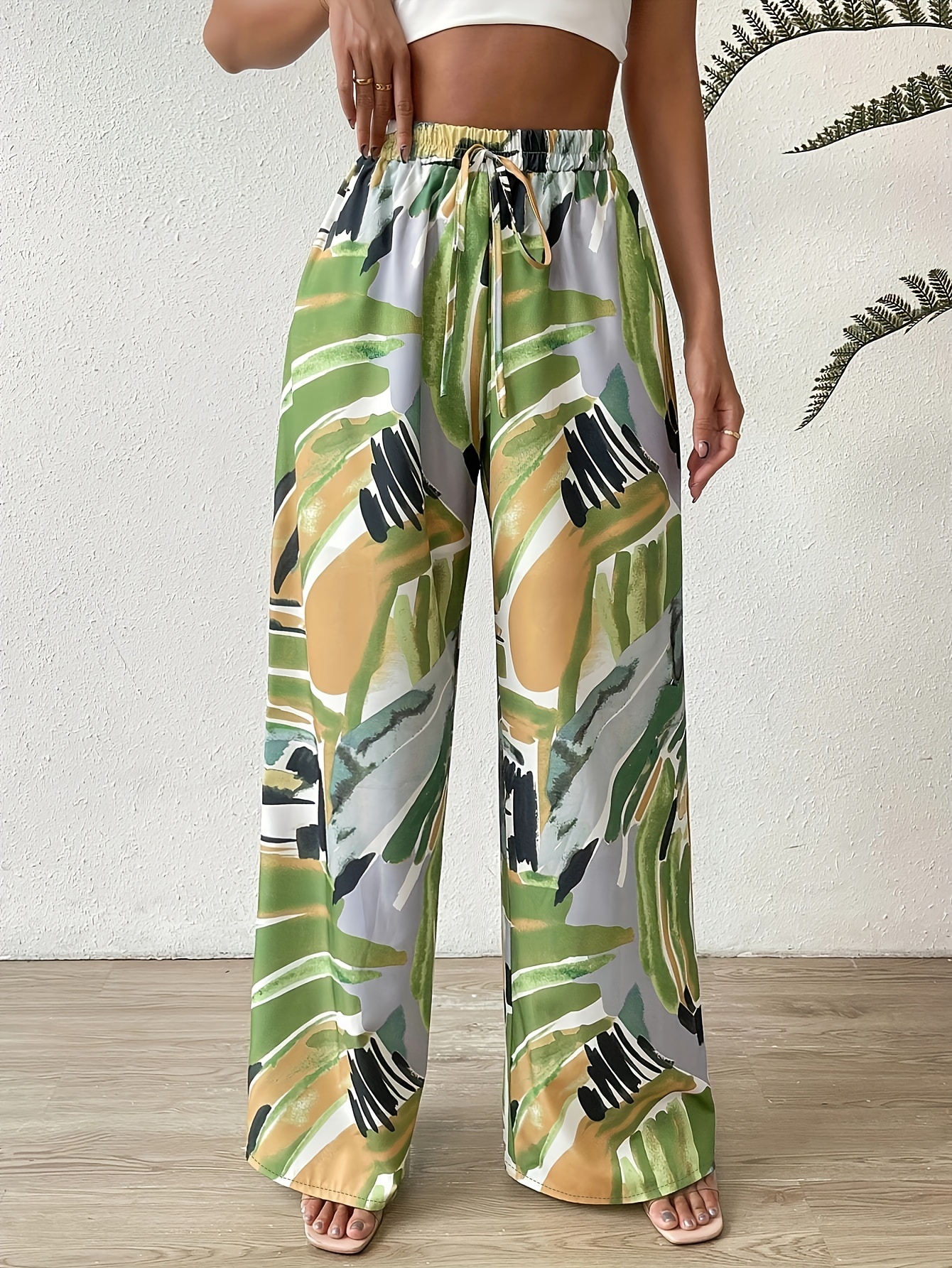 Green Brush Print Drawstring Cover Up Pants, Loose Fit Casual Beach Pants,  Women's Swimwear & Clothing