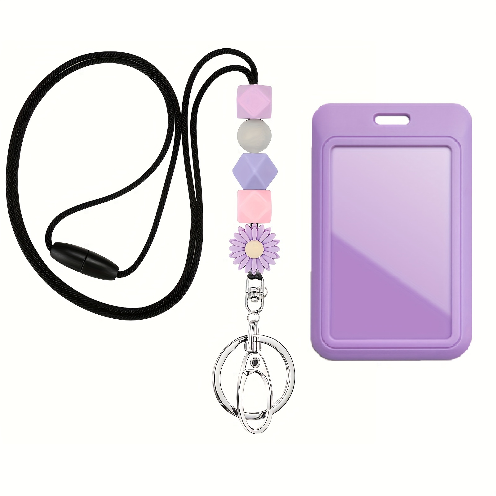 2Pcs/Set Cute Daisy Flower Silicone Beaded ID Badge Holder with Lanyard, Name Tag Holder with Clip, Detachable Lanyard Necklace for Teacher Nurse