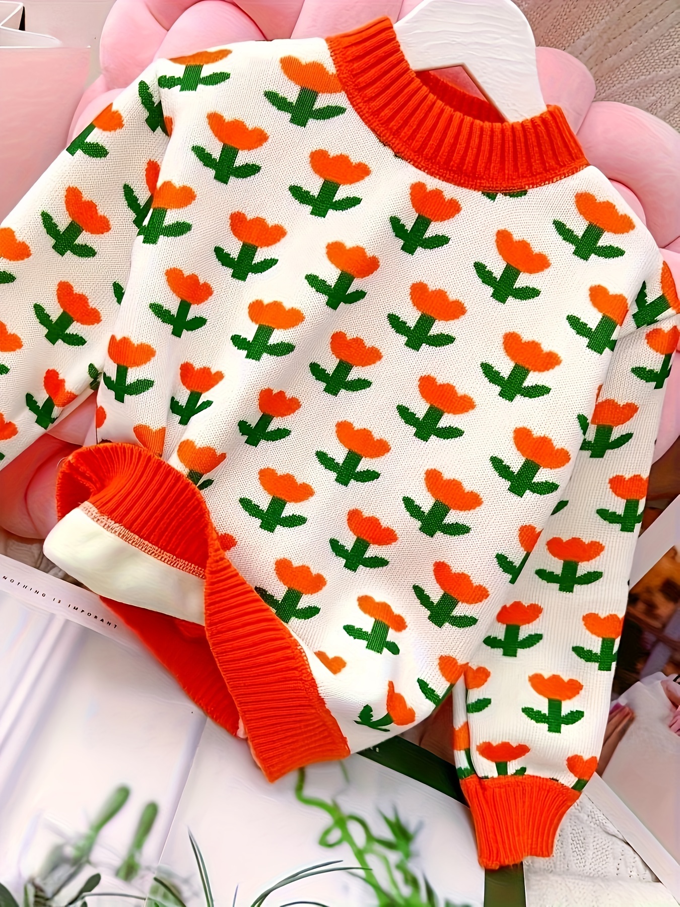 Floral Dots Jacquard Knit Sweaters Girls Warm Knitwear - Temu