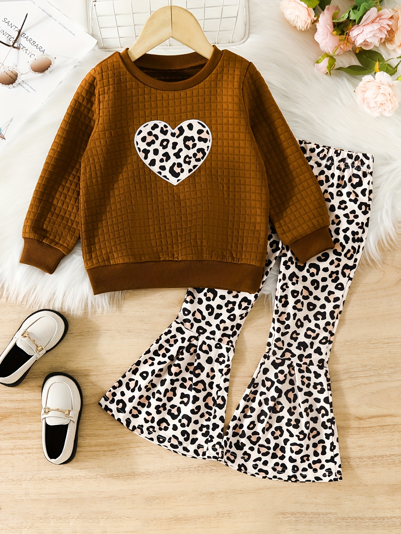 2-piece Toddler Girl Deer Print Waffle Textured Long-sleeve Top and Solid Color Pants Set