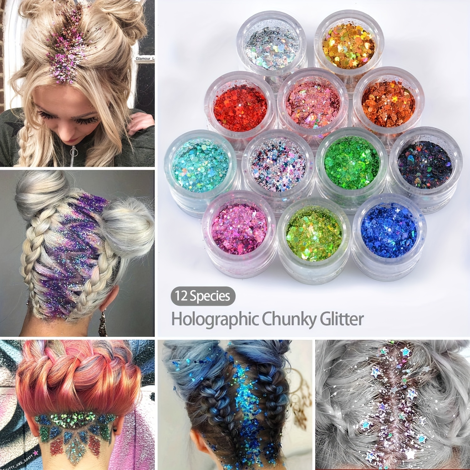 12 Colors of Holographic Chunky Glitter No Glue Attached, 12 Pots Total  120g Multi-Shaped for Body Hair Face Eyes Make-up, Nail Art and Bedazzling  in