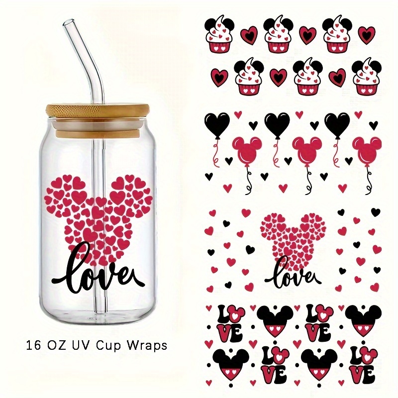  5 Sheet Valentines Day Made UV DTF Cup Wrap Transfer Stickers  for Glass 16oz Rub on Transfer Waterproof Sticker Pink Heart Cute Cartoon  for 16oz Libbey Glass Cups Furniture Craft DIY