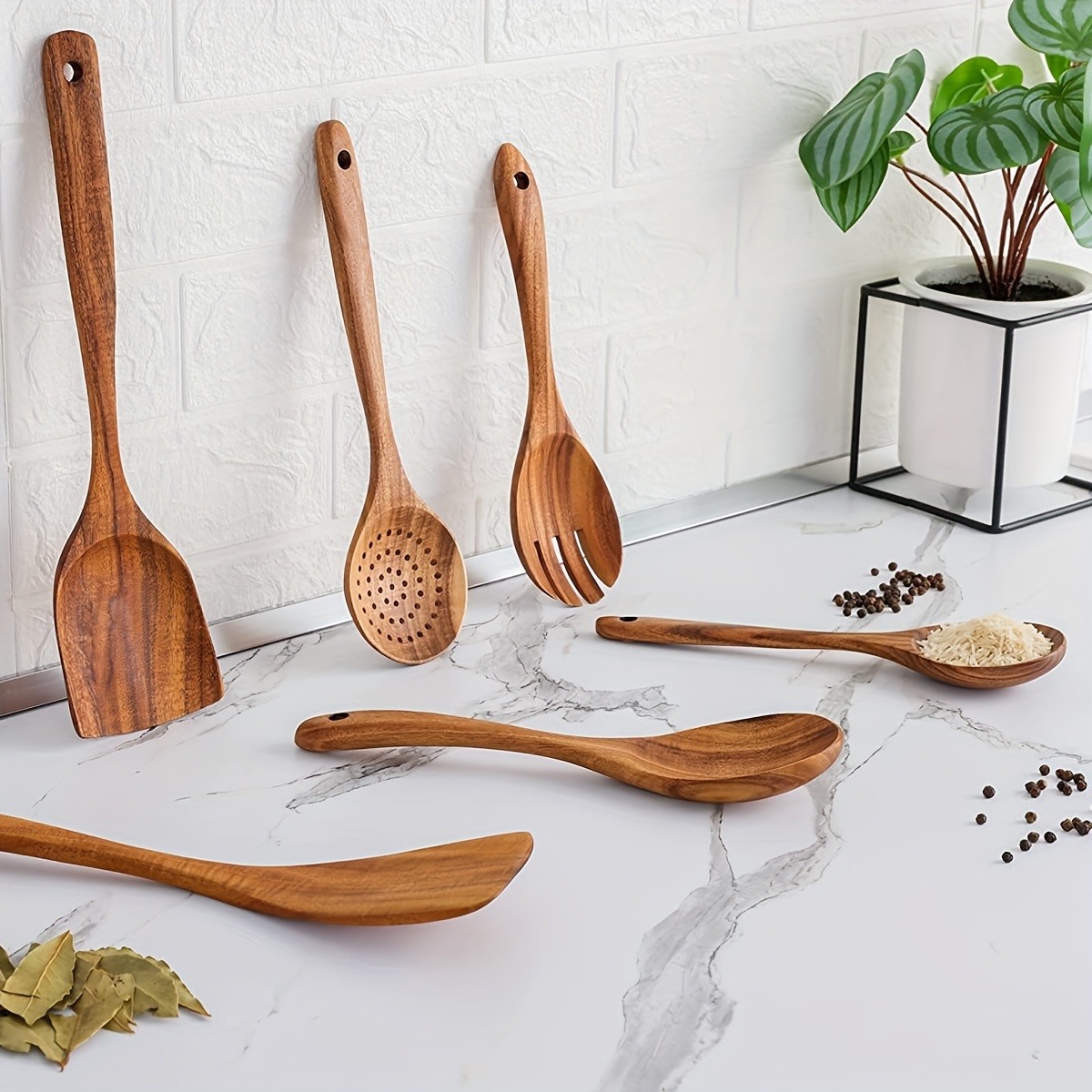 9PCS Wooden Spoons For Cooking, Wooden Utensils For Cooking With Utensils  Holder, Teak Wooden Kitchen Utensils Set