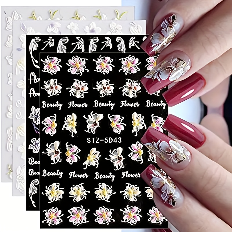 5D Stereoscopic Embossed Flowers Nail Stickers Decals, Real 3D