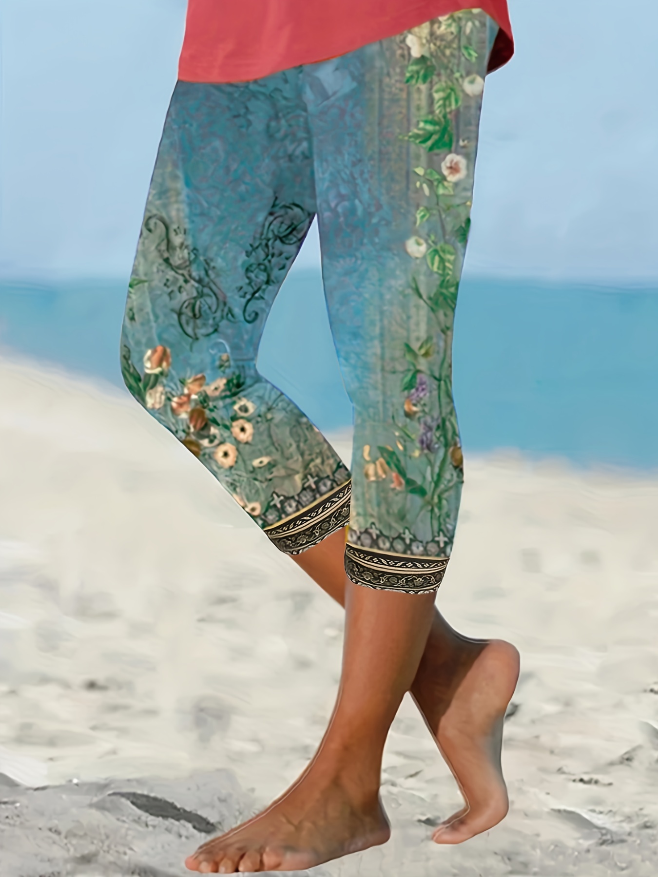 Floral Print Capri Leggings Boho Elastic Waist Slim Leggings - Temu