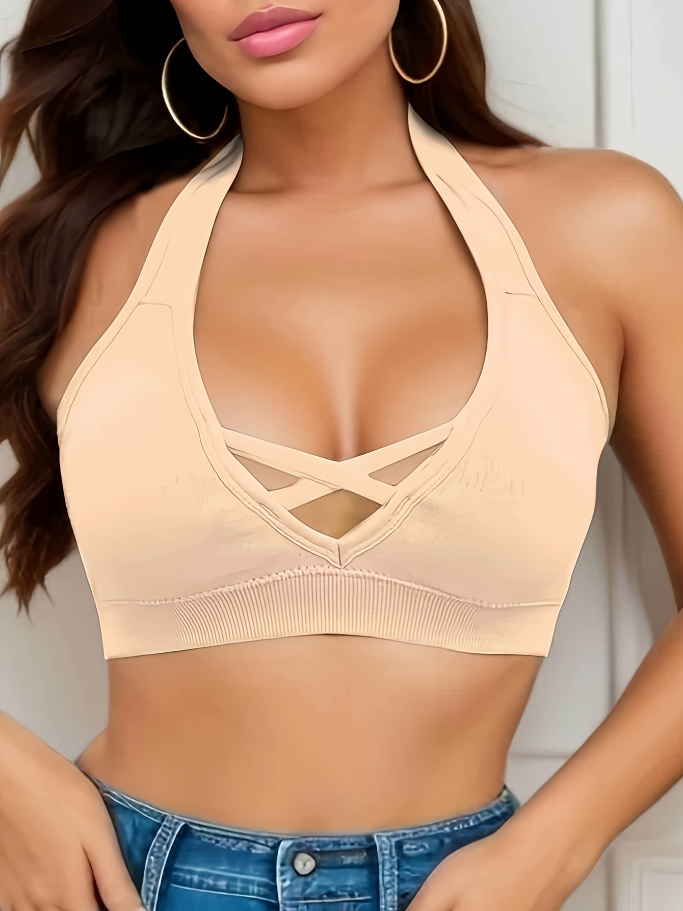 Women Invisible Push Up Bra Solid Color Halter Backless Crop Tops Lingerie  Underwear