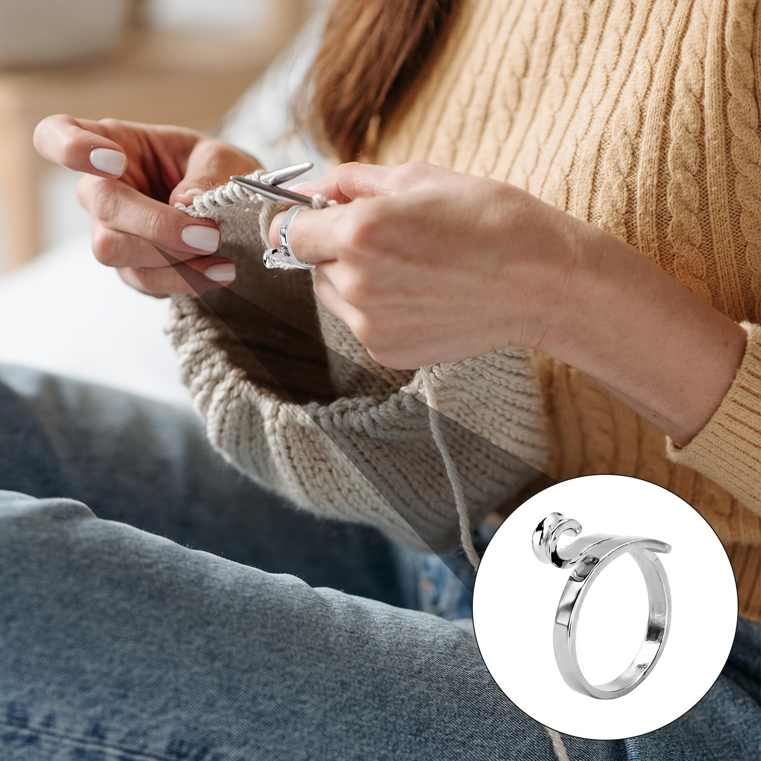  Knitting Ring for Finger Adjustable Crochet Ring Knitting Loop  Ring for Faster Knitting Crochet Accessories (1-Gold)