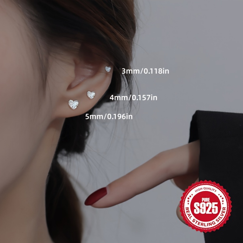 Percechi de cercei pentru femei din argint S925 cu inimă și zirconiu sintetic ultra strălucitor, hipoalergenici, 0.3g/0.4g/0.5g