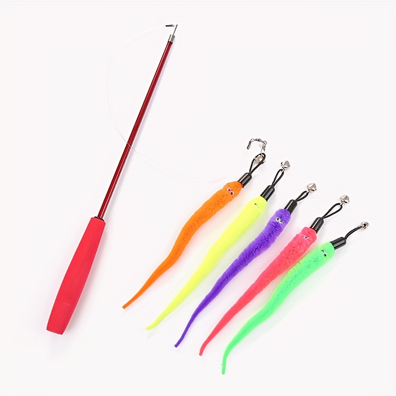 A Three-section Extendable Cat Teaser Wand with 5 Replaceable for CATERPILLAR Heads, a Set of Interactive Cat Toys for Play