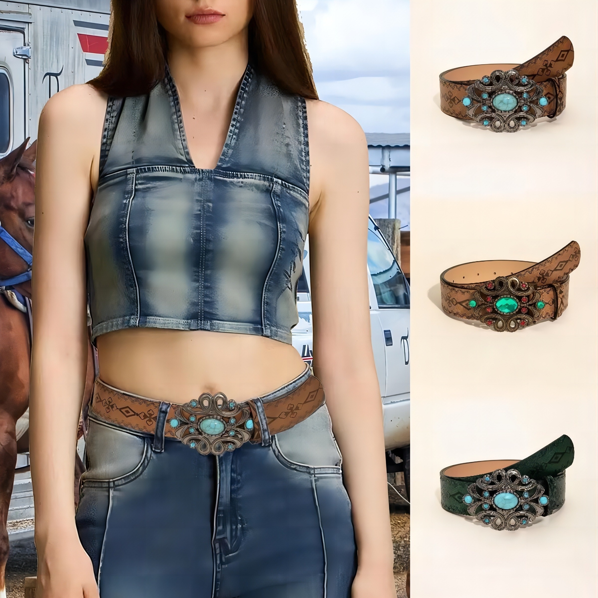 

Boho Hollow Out Flower Buckle Belts Vintage Brown Totem Embossed Pu Leather Waistband Western Jeans Pants Belt For Women