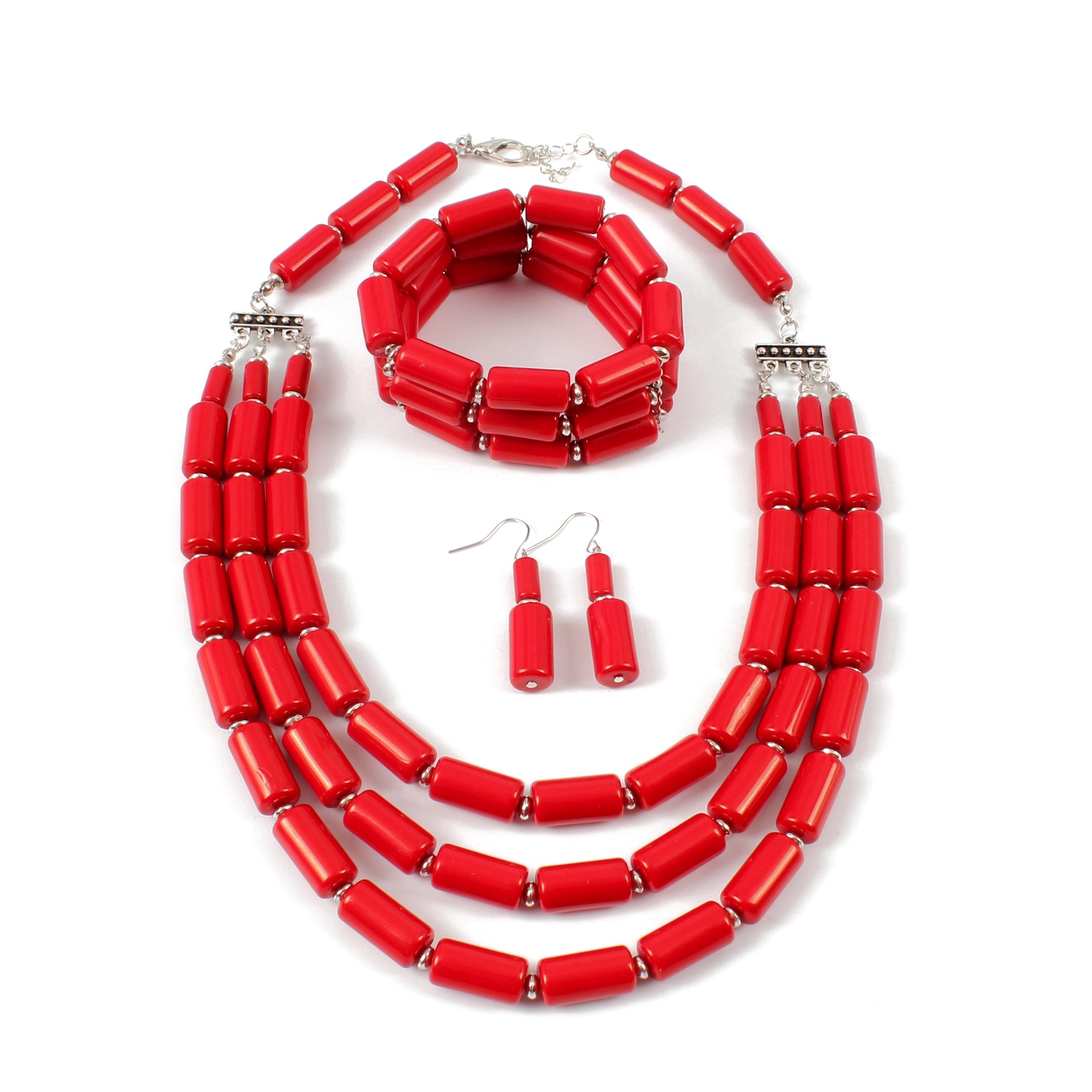 Boho Red Beaded Multilayer Necklace, Earrings & Bangle Set