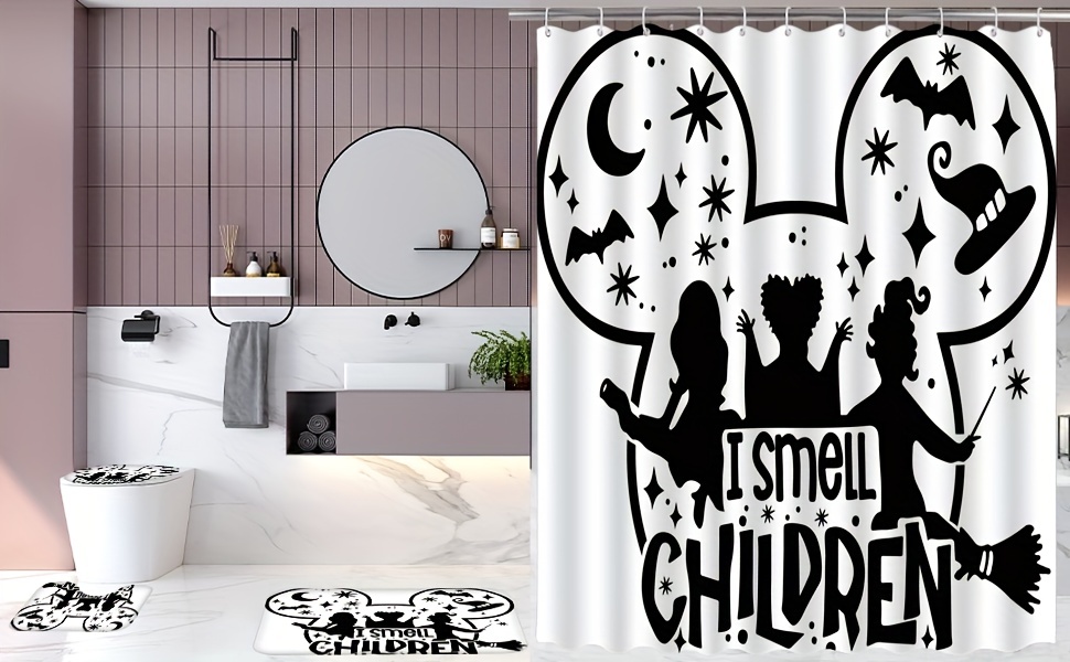 Halloween White Shower Curtain Set, Halloween Mouse Silhouette Witch Sister  Bat Moon Stars Witch Scary Introduction Black Print Shower Curtain,  Non-slip Bath Mat, Bath Rug, Toilet Lid Mat, 12 Hooks, - Temu