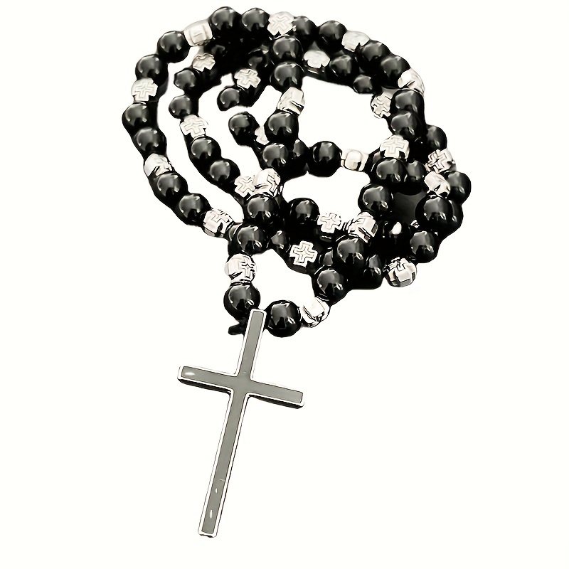 Black Beads Cross Rosary Necklaces for Men, Male Power Balance Hematite  Chain Necklace, Religious Faith Prayer Jewelry