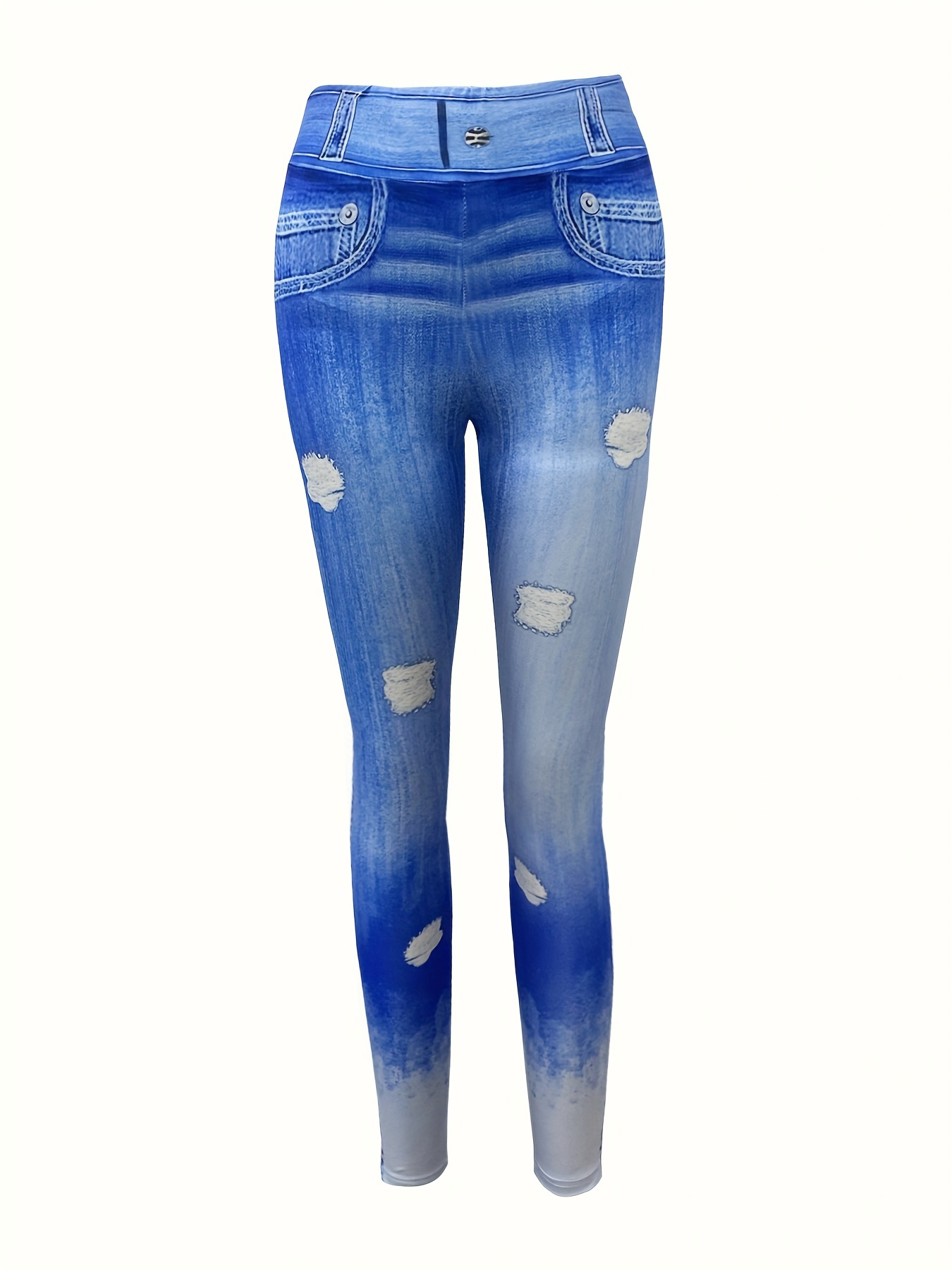 Fashnice Women Fake Jeans High Waist Denim Print Leggings Butt Lifting Look  Jeggings Stretch Sport Bottoms Light Blue XS