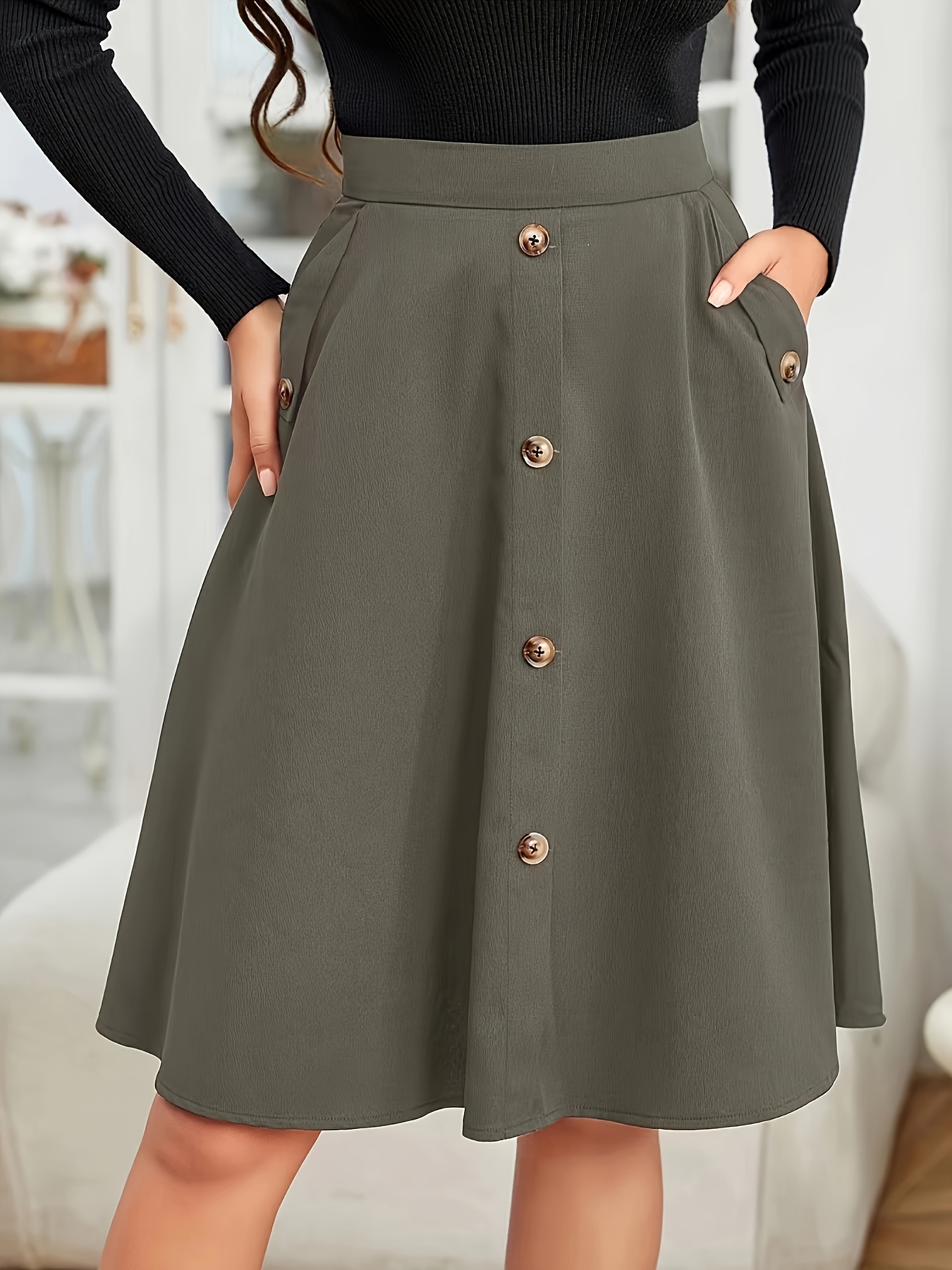 Button Front High Waist Skirt Falda Casual Rodilla Primavera - Temu