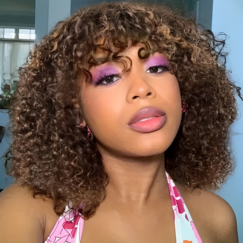 250D Highlight Color Short Curly Bob Human Hair Wig with Bangs - Glueless Brazilian Remy Hair Wig for Women, Natural Look, Versatile Style, Suitable for All Light Beige Tones, Easy to Wear for Parties & Everyday Use, Versatile Hairpiece | Natural Hairline Wig | Highlighted Wig, Wig Accessories