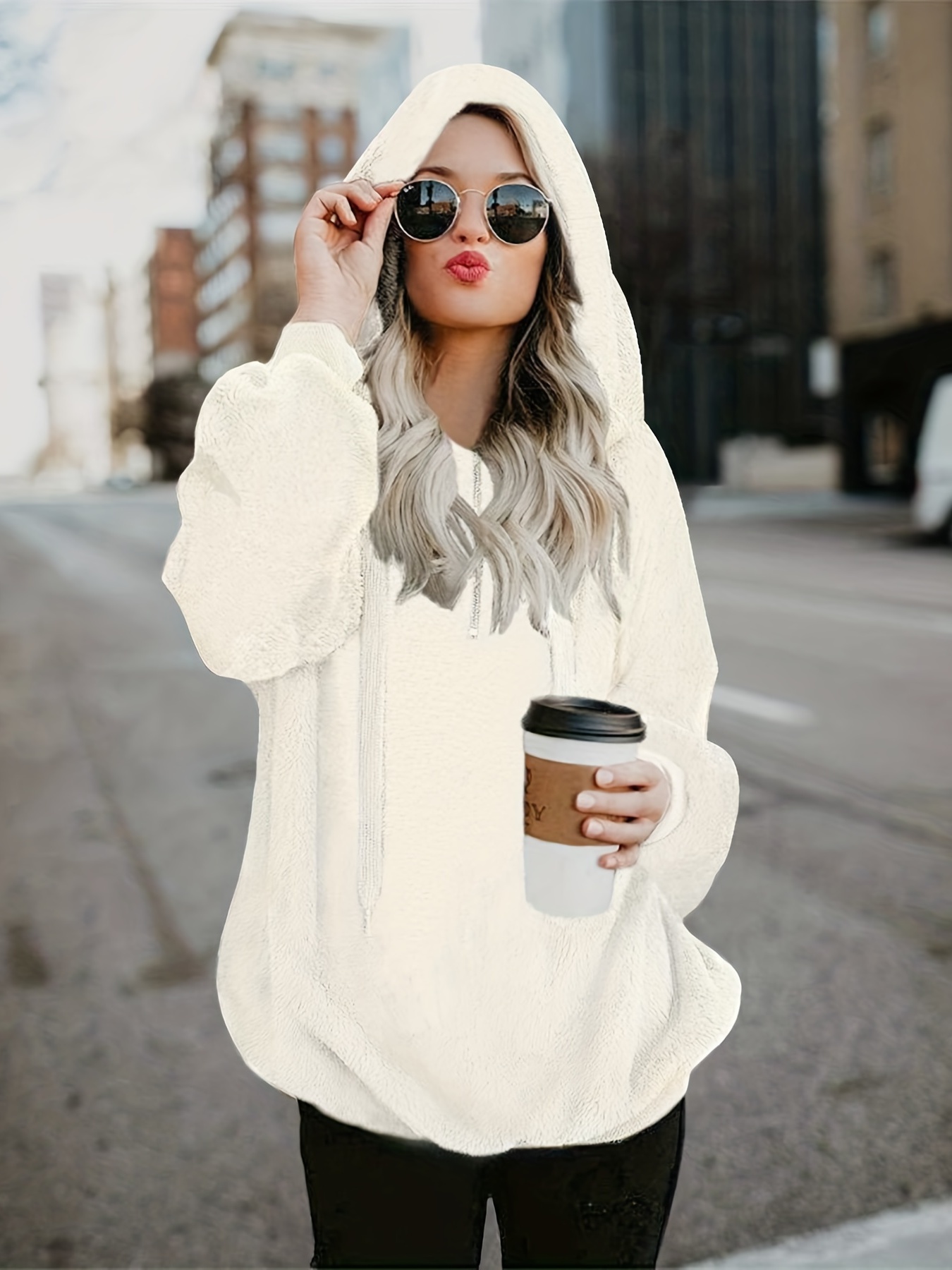 Solid Zip Pocket Fuzzy Hoodie Casual Long Sleeve Drawstring - Temu