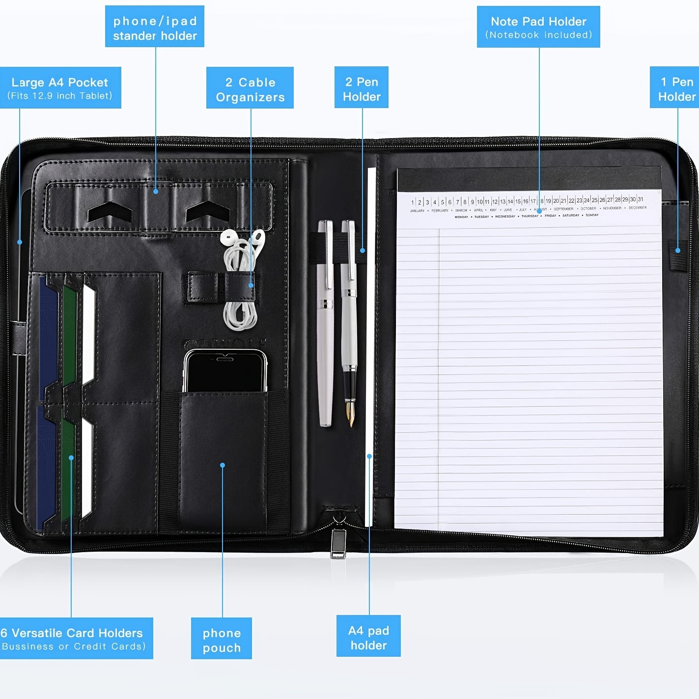 Padfolio Ring Binder with Color File Folders, Organizer Portfolio