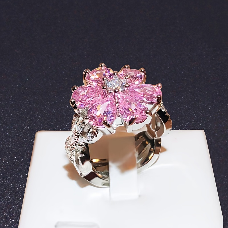 Pink Zirconia Flower Ring, Gold Plated Jewelry