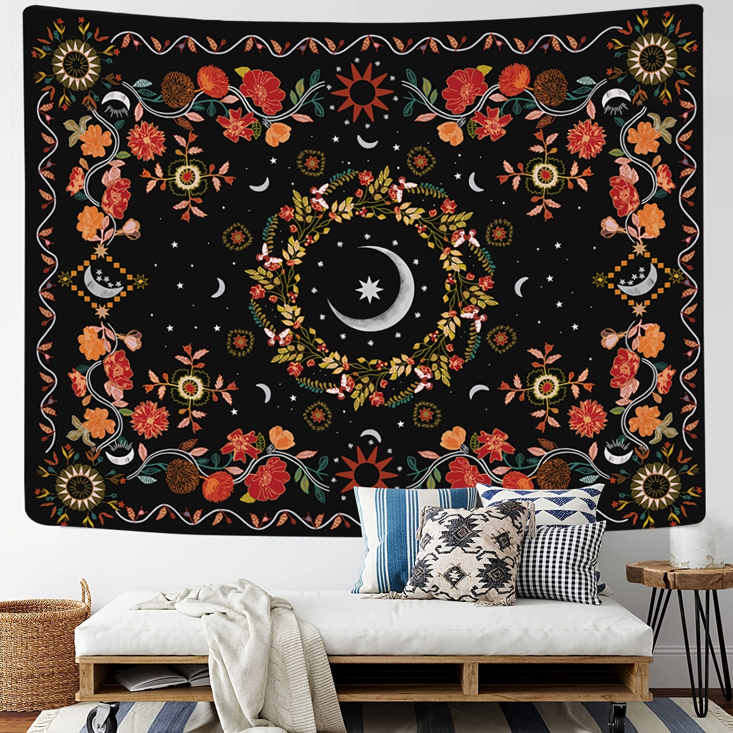 Boho Mandala Tapestry Polyester Black Light Wall Hanging - Temu