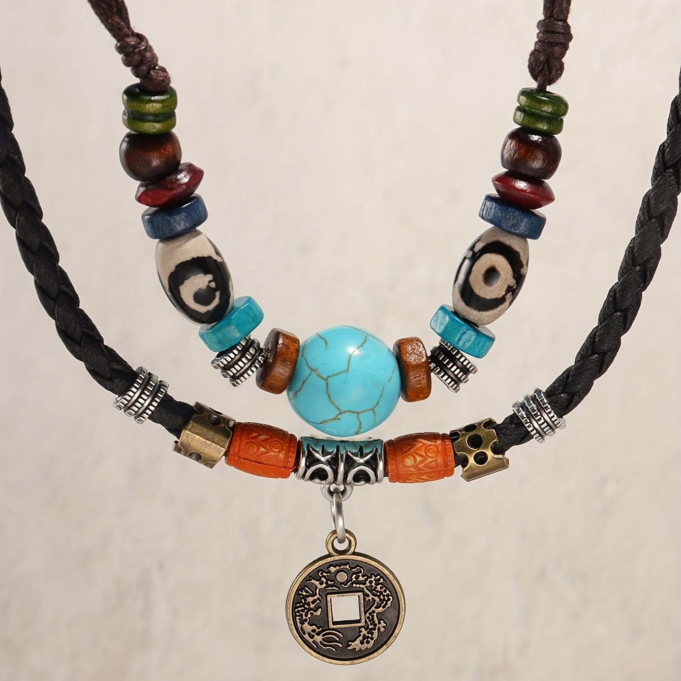 

1pc Lucky Dzi Beads Adjustable Layered Coconut Shell Necklace, Unisex Turquoise Coin Lucky Necklace For Daily Wear
