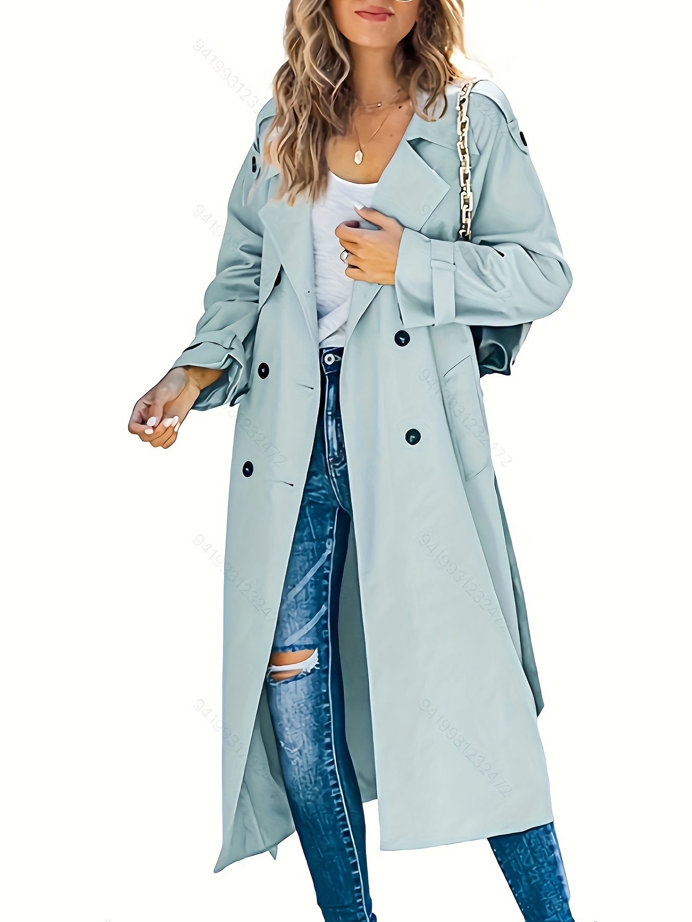 Solid Double Breasted Trench Coat Casual Long Sleeve - Temu Canada