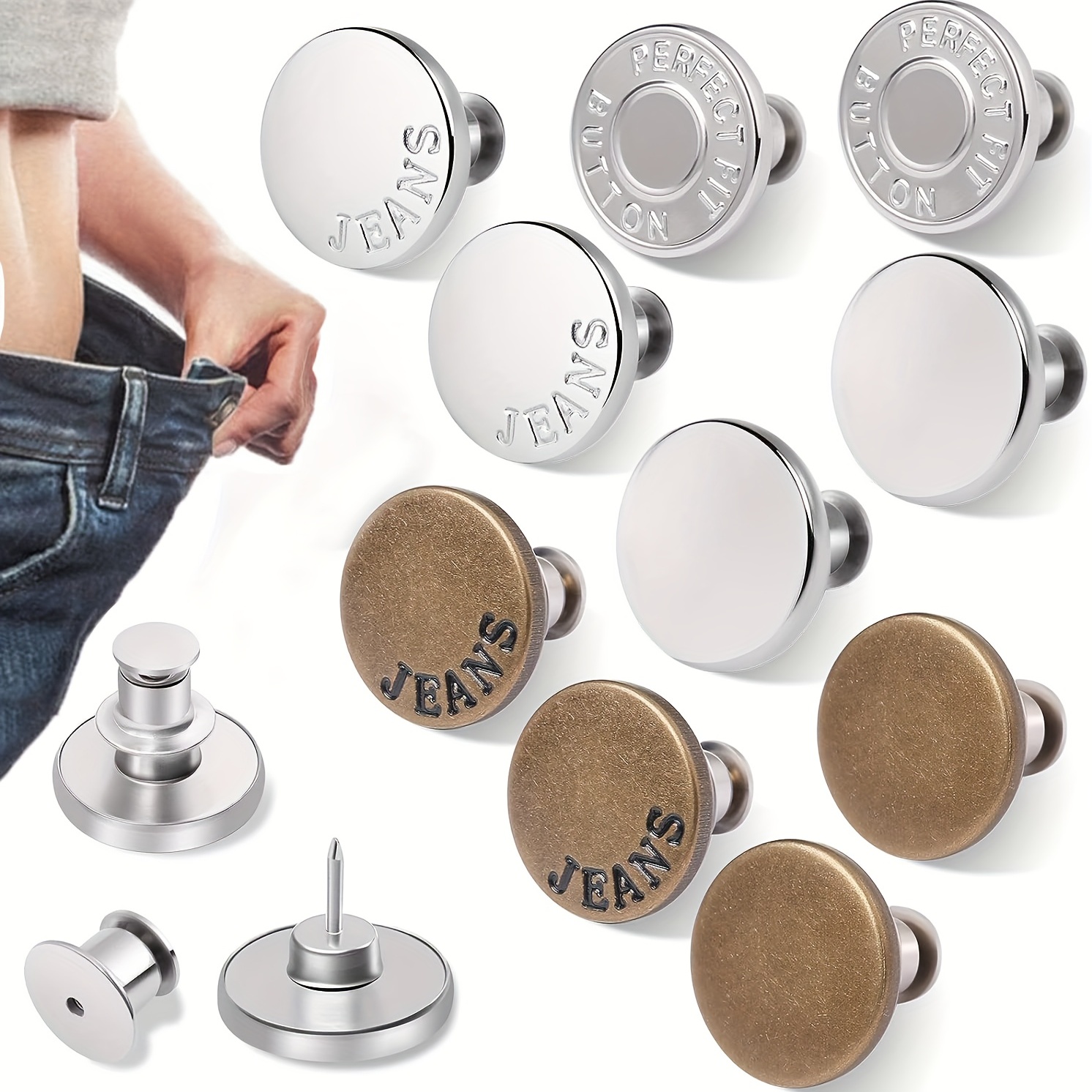 Lot de 6 Métal boutons pour jeans, épingles à boutons réglables, resserrez  la taille du pantalon, sans couture et sans outils, épingles instantanées