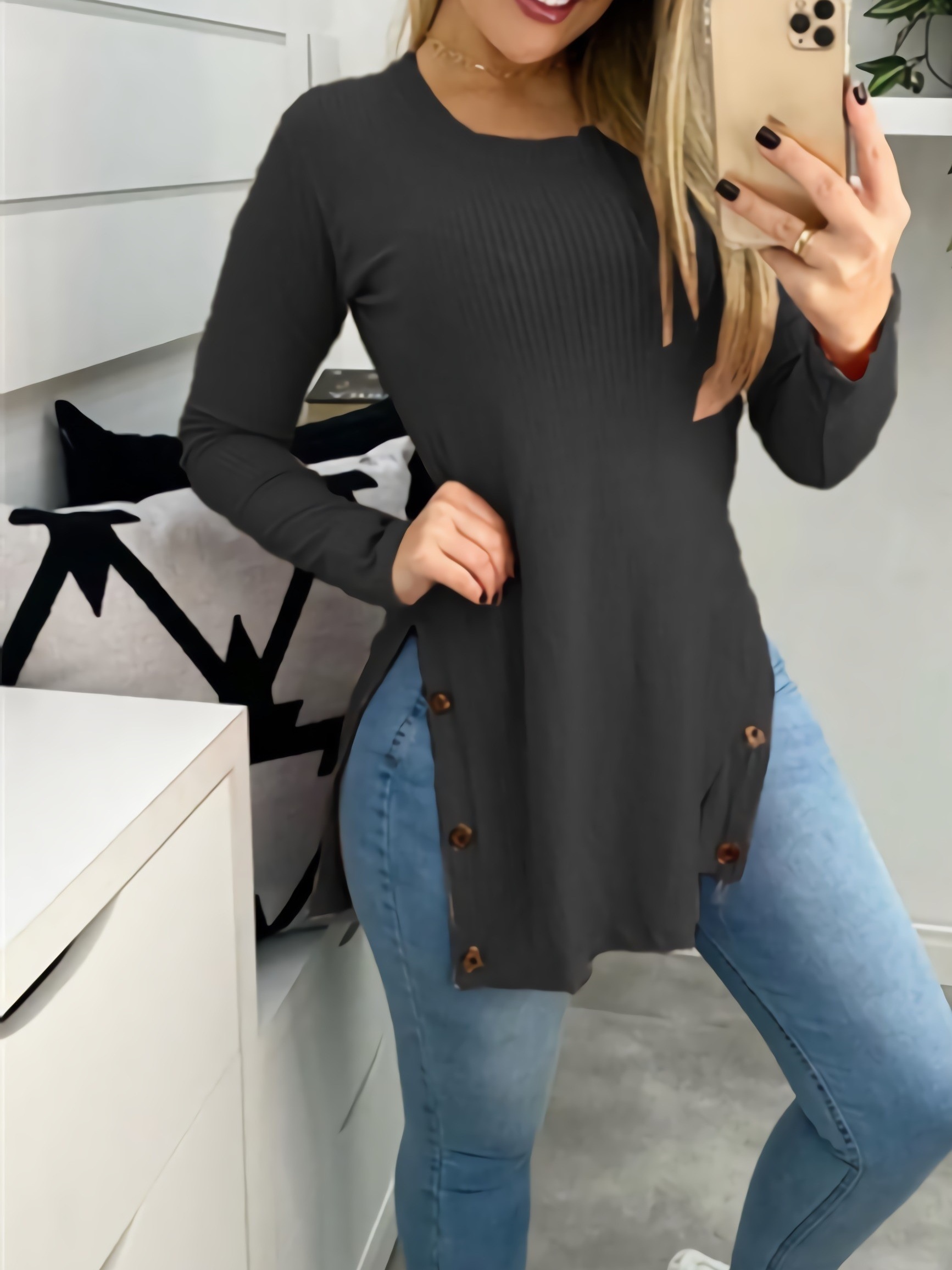 Longline Button Side Split T-Shirt, Casual Long Sleeve T-Shirt For Spring &  Fall, Women's Clothing