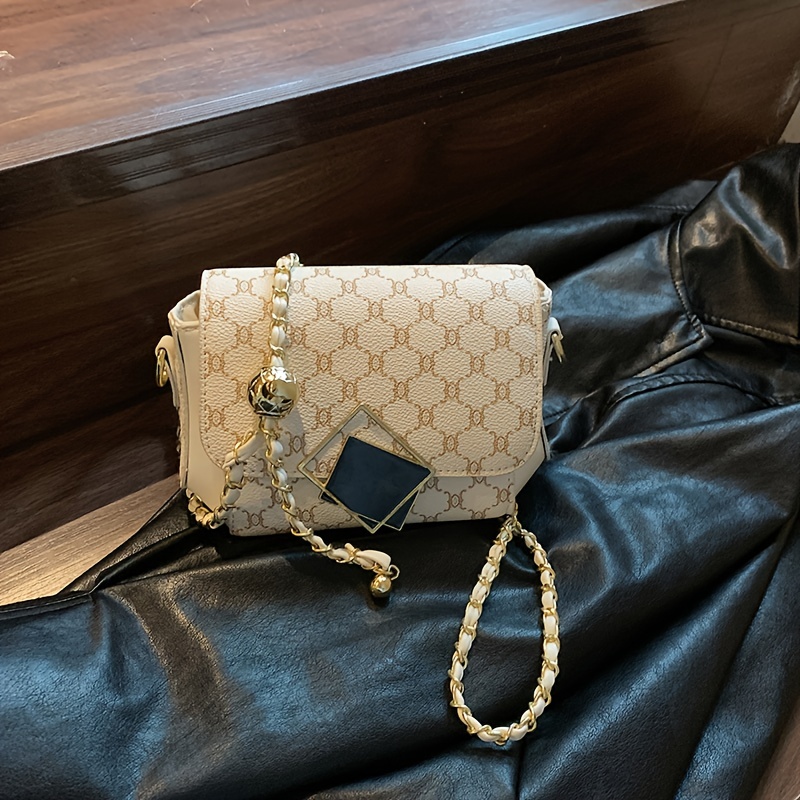 Embroidery Chain Crossbody Bag, Fashion Zipper Square Purse, Small Thick Chain Handbags for Women,Temu