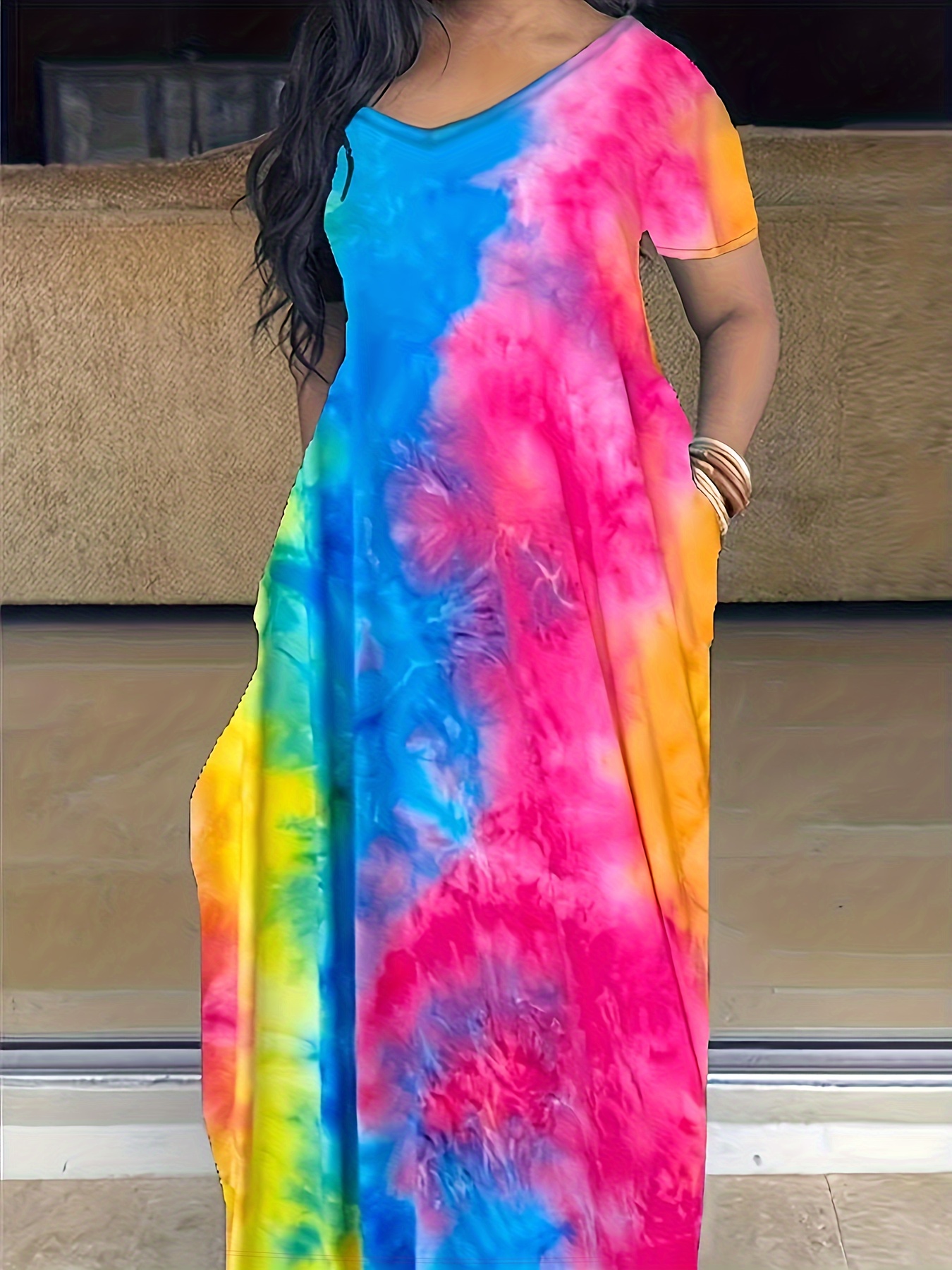 Women's Silk Dress, Tie-Dye T-Strap Maxi Dress