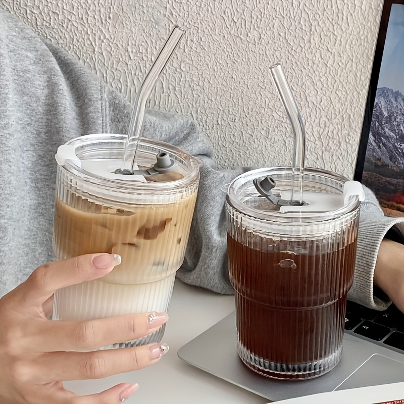 1pc Iced Coffee Cup With Lid, 1pc Glass Cup With Lid And Straw, Ribbed  Glass Container