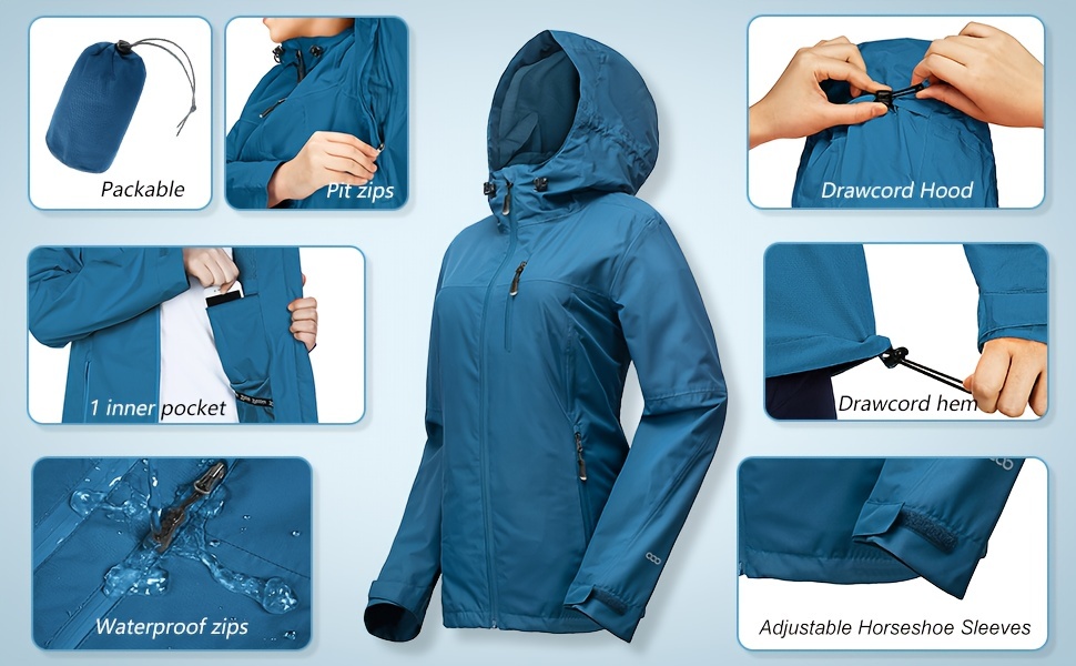 TCOT Rain Jackets for Women Waterproof Packable Hooded Rain Coat Lightweight Windbreaker with Pocket