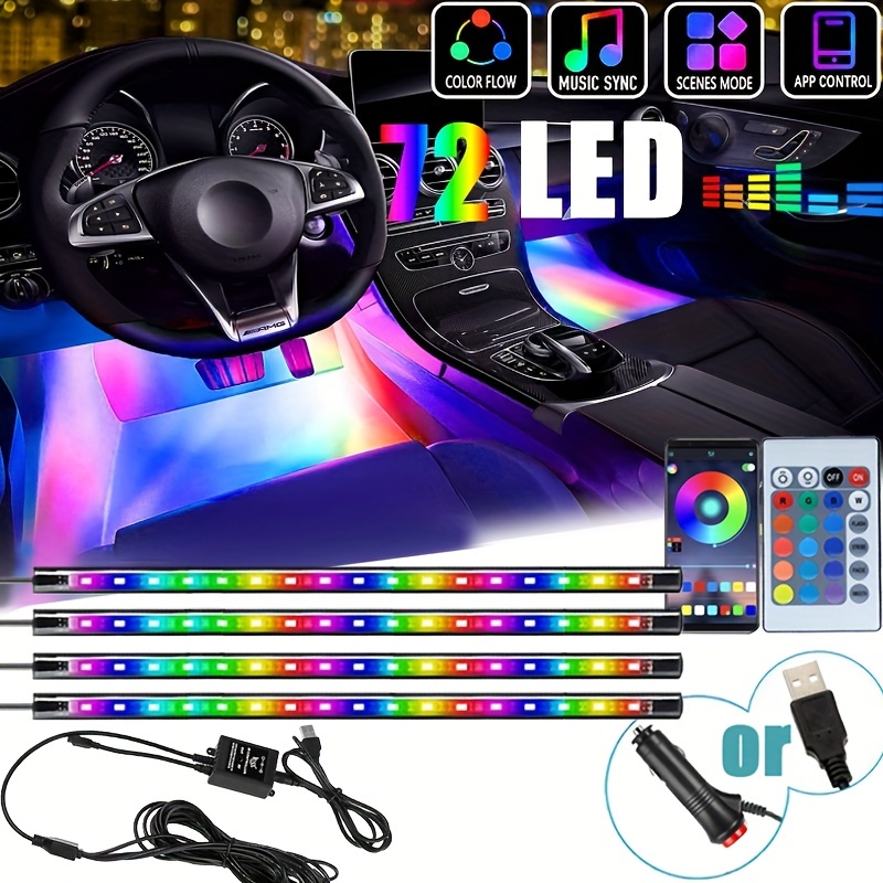 Interior de coche LED, 4 piezas, 7 colores, luces interiores RGB para  puerto USB automático, iluminación