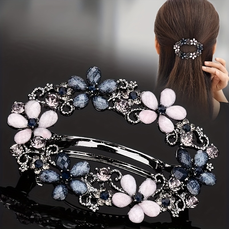 Vintage Rhinestone Flower Spring Clip Back Head Flash Metal - Temu