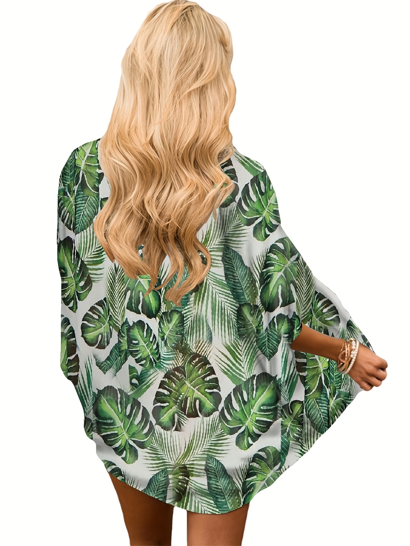 Leaf Print Cover Up Shirt V Neck Loose Fit Half Sleeves Non Stretch