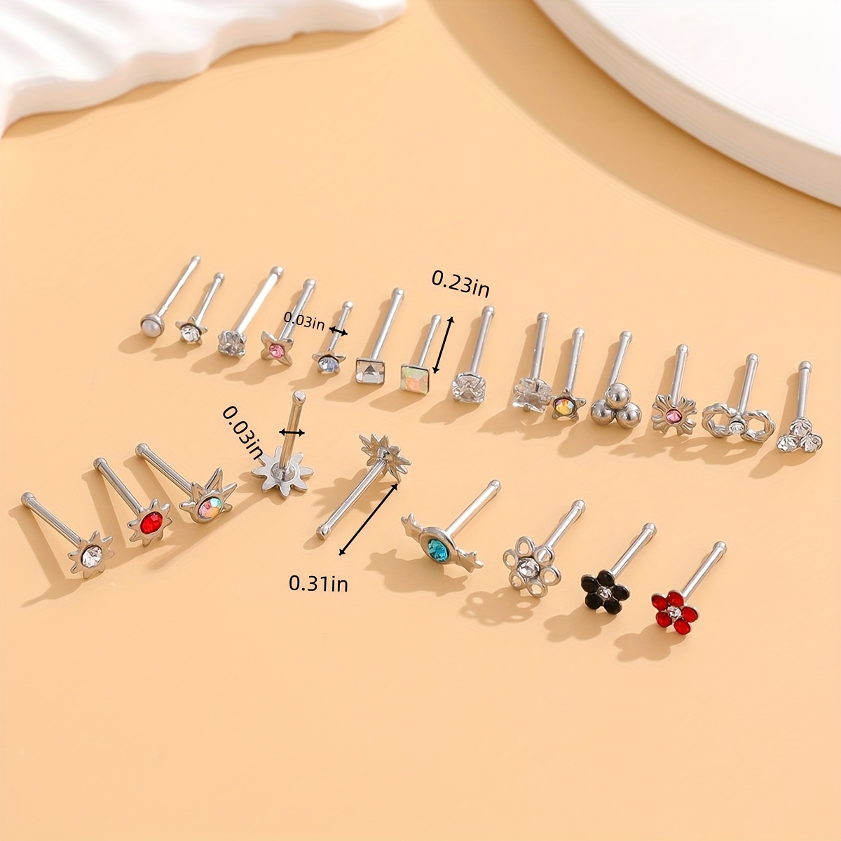 23 Pcs Nose Stud Ring Set with Zircon Inlays