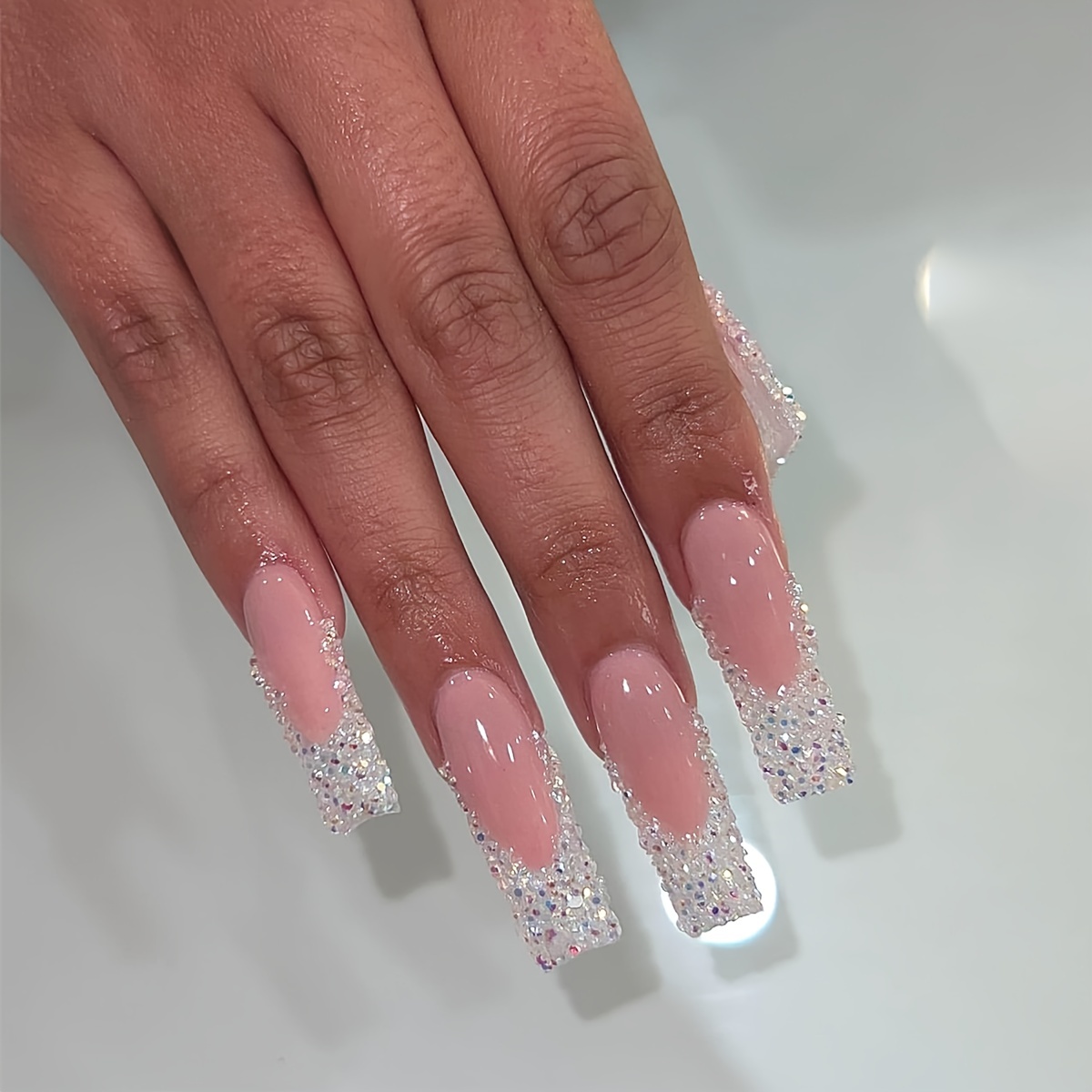 Red Glitter French Tip Nails Bling Nails Nude Nails Long Nails